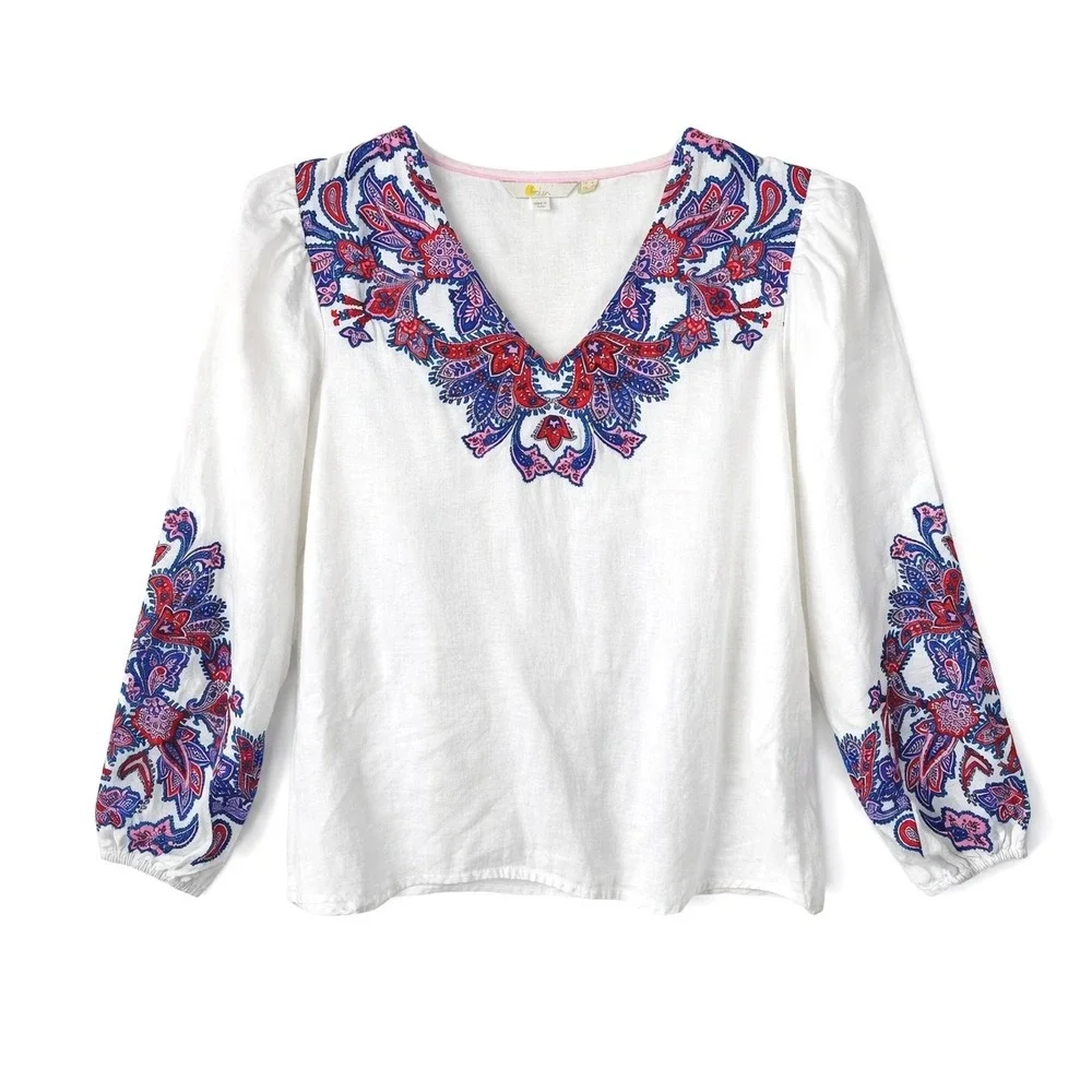Boden White Blouse Top US 14‎ 100% Linen Paisley Floral Puff Sleeve V-Neck
